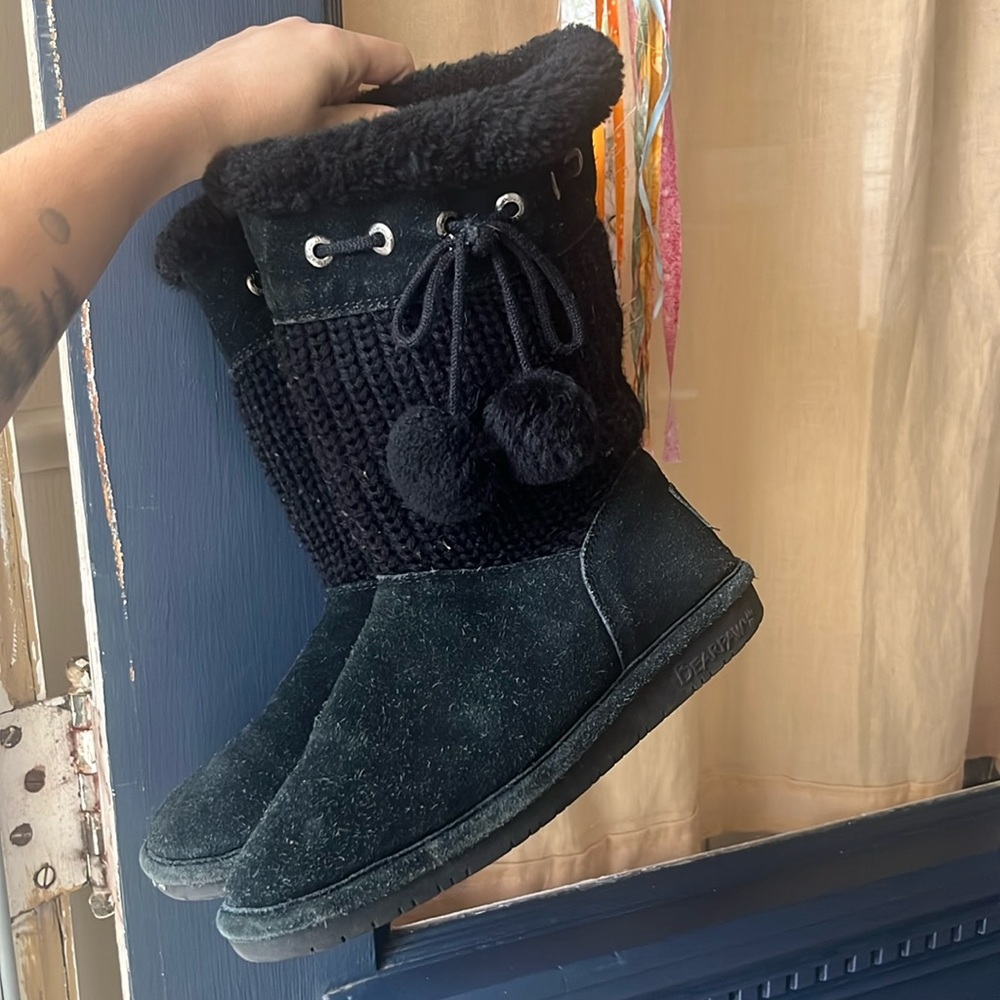 BearPaw Black Knit and Suede Boots